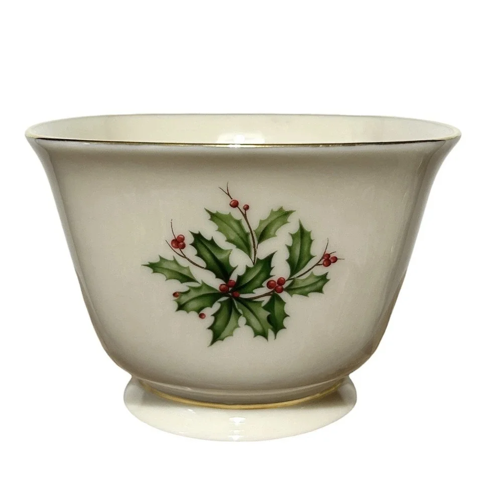 LENOX Holiday Holly Berry Footed Candy Nut Bowl Gold Trim Christmas China USA